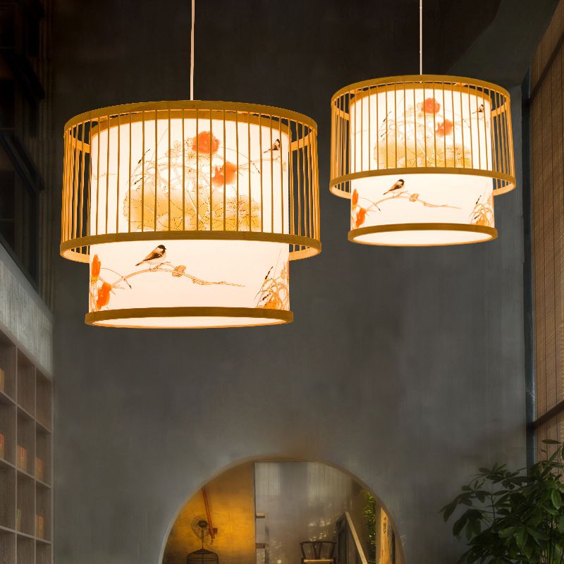 1 Light Cylindrical Hanging Light Fixtures Chinese Bamboo Hanging Pendant Lights for Restaurant