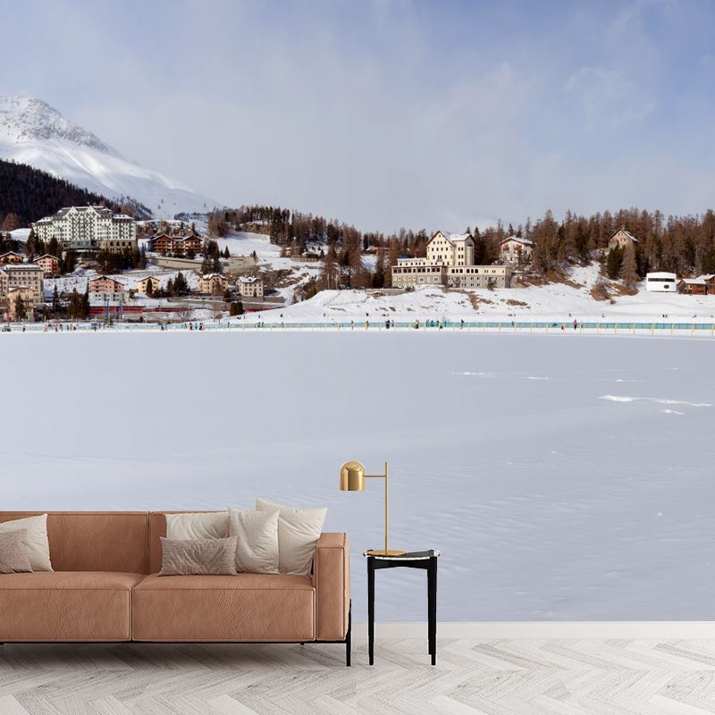 Non-Woven Large White Mural Modern Mountain Village Snow Landscape Wall Decor, Made to Measure