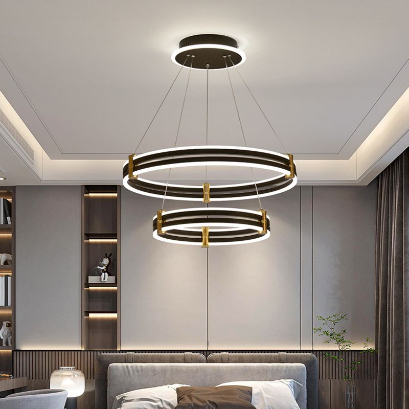 Black Tiered Round Chandelier Minimalist Acrylic LED Suspension Light for Living Room