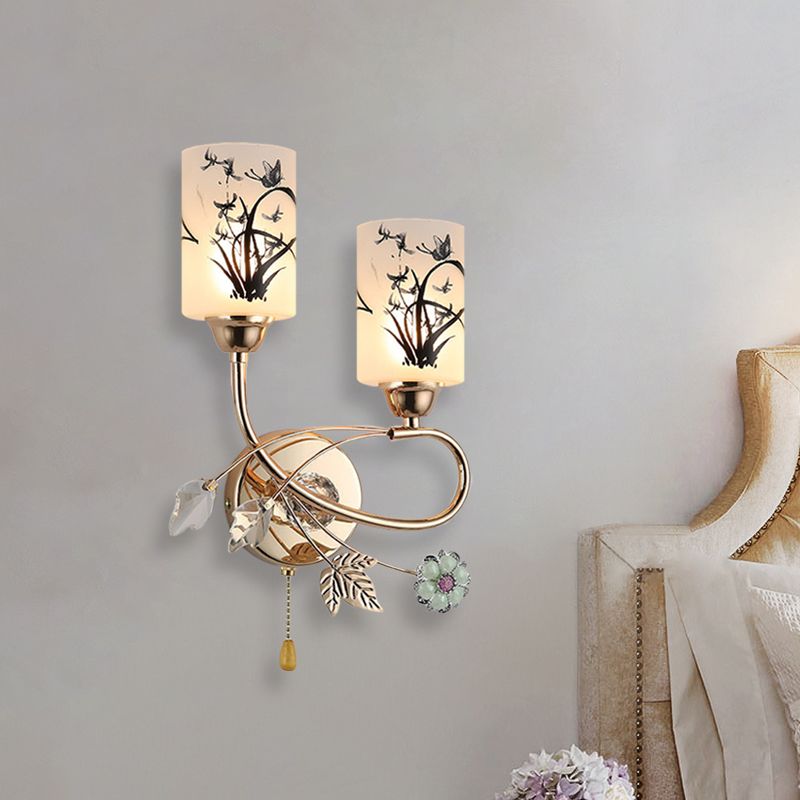 Modernisme Idée d'éclairage mural de la chaîne de traction 2-Bulb avec lampe murale de cylindre en or en verre peint