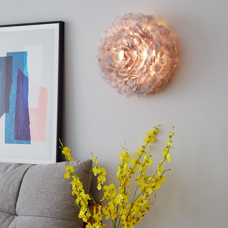 Modern Metal Wall Sconce Geometric Shape Wall Light with Feather Shade for Bedroom