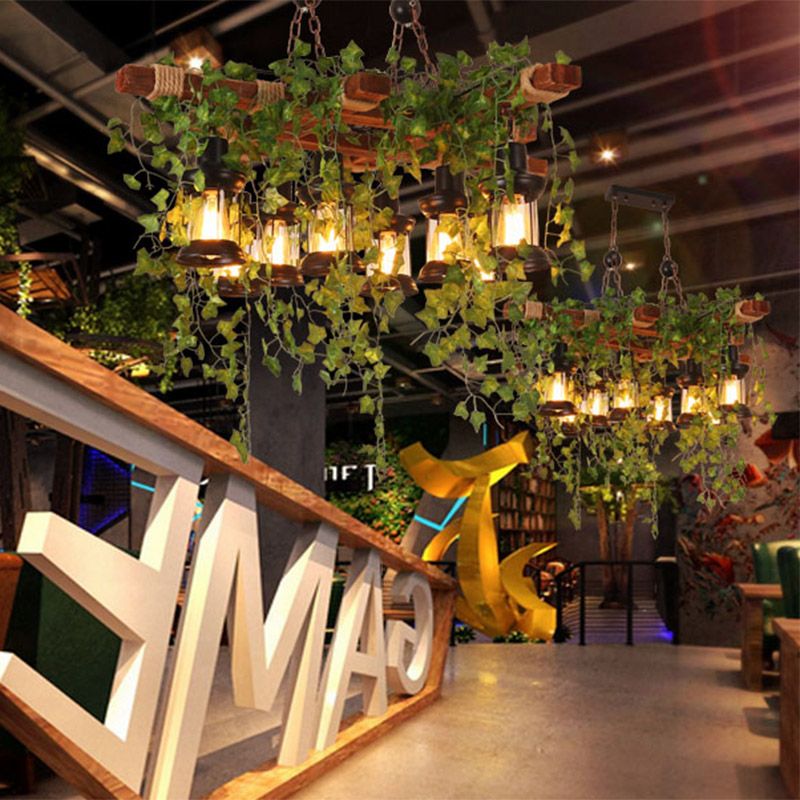 8 lumières Lantern Island Light Industrial Black Metal Sanging Lamping avec décoration végétale