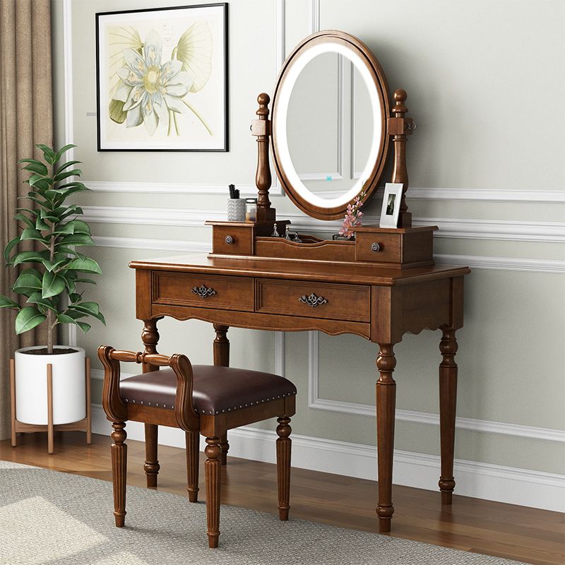 Brown Solid Wood Makeup Vanity with Drawers and Mirror Dressing Table