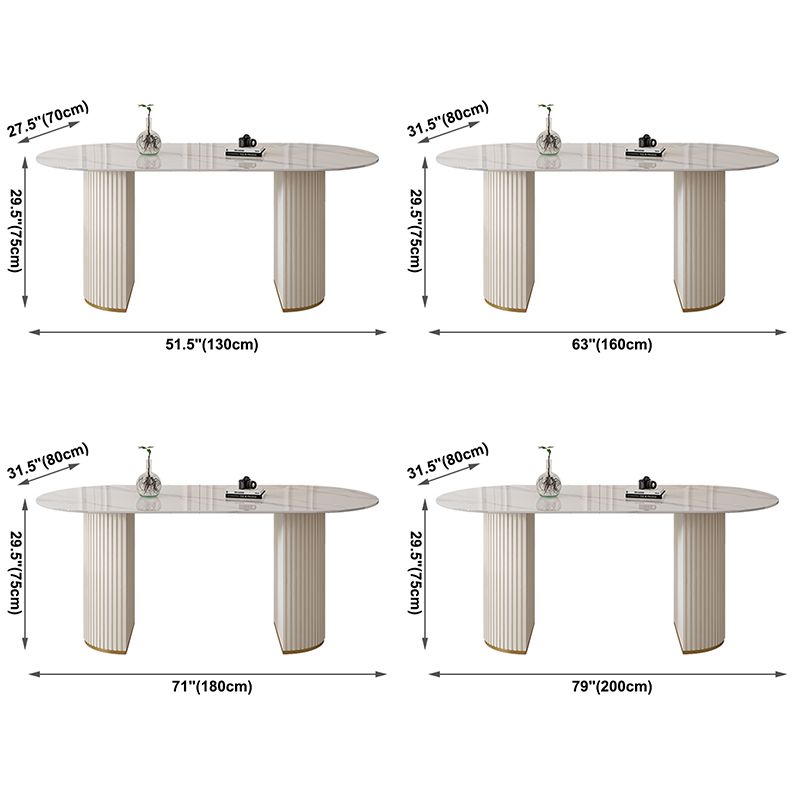 Oval Sintered Stone Dining Table Modern Table in White with Metal Double Pedestal
