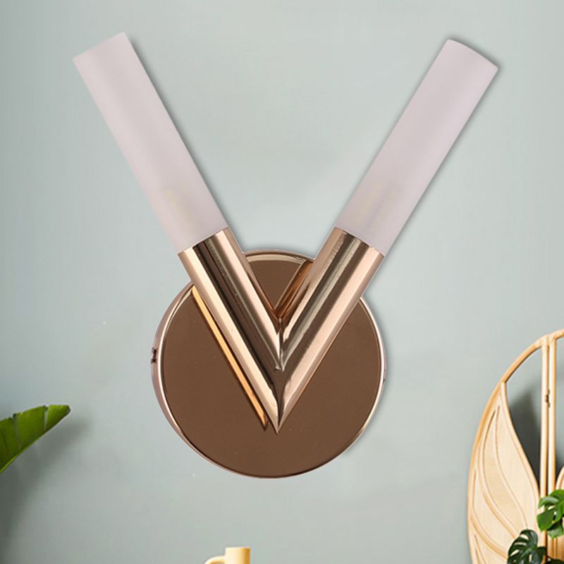 2 Lights Bedroom Sconce Light with V-Shaped White Glass Shade Modern Gold Led Wall Mount Light