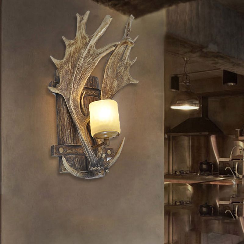 1 Light Resin Wall Lamp Rustic Wood Antler Dining Room Sconce Light Fixture with Frosted Glass Shade
