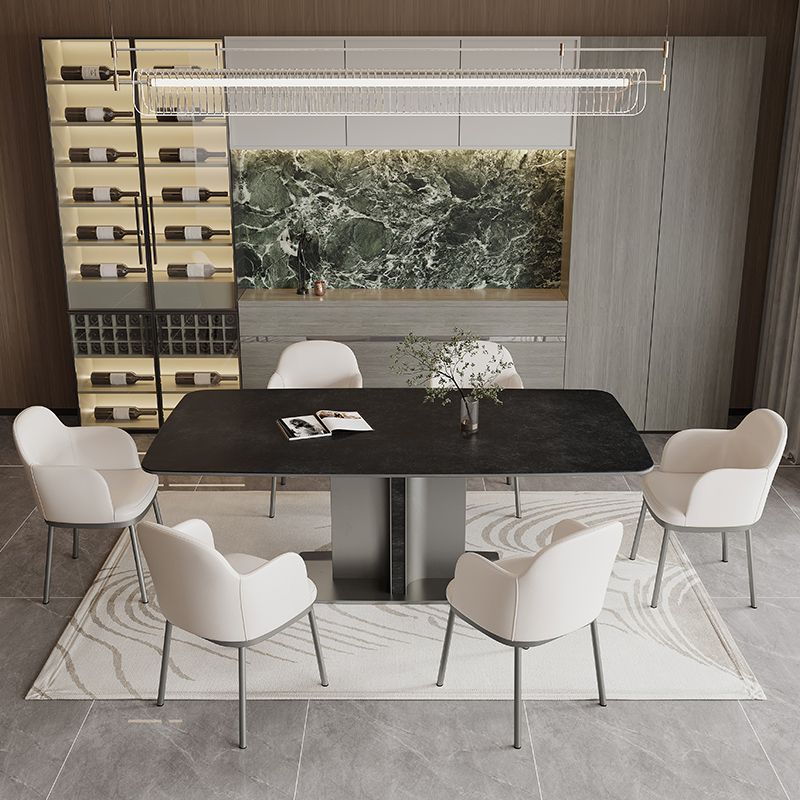 Black Stone Dining Table Set 1/4/5/7 Pcs Indoor Dinette Set with Leather Chairs