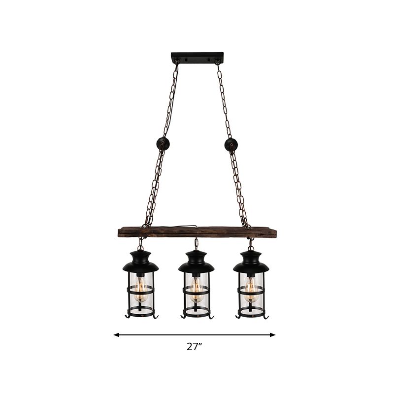 Clear Glass Lantern Island Pendant Light Industrial 2/3 Lights Bar Hanging Lamp in Black with Wood Decoration and Cage