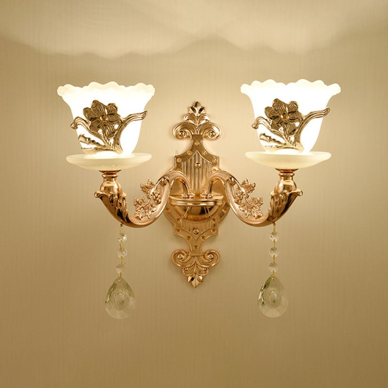 Gold Floral Wall Light Fixture Vintage Glass Living Room Wall Mounted Lamp with Crystal Accent