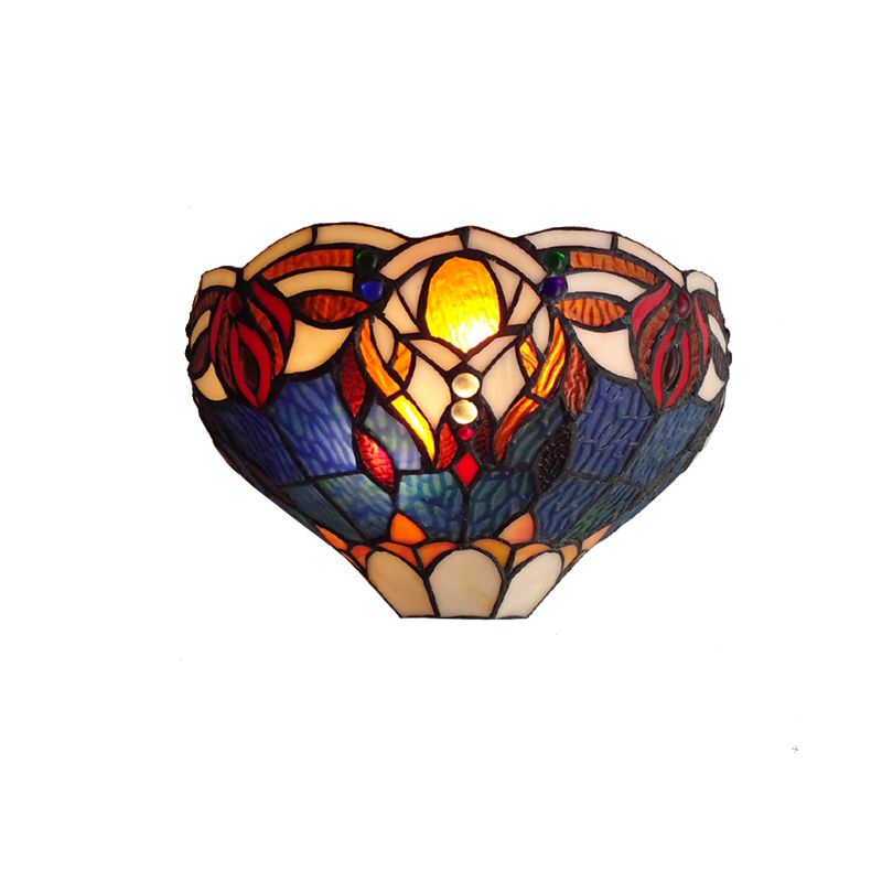 Tiffany Style Blue and Brown Bowl Wall Lamp 1 Light Art Glass Sconce Light for Living Room