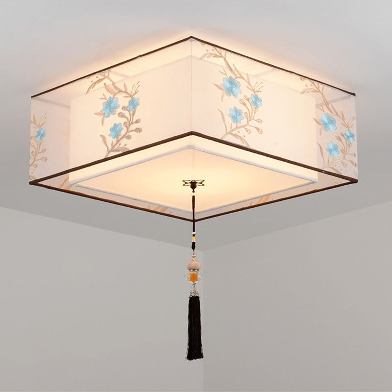 White Geometric Flush Mount in Traditional Concise Style Wrought Iron Ceiling Light with Fabric Shade