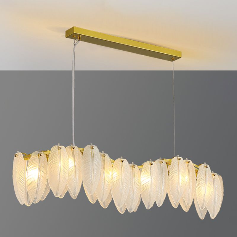 Gold Modern Metal Ceiling Light Feather Shape Island Lamp with Glass Shade for Living Room