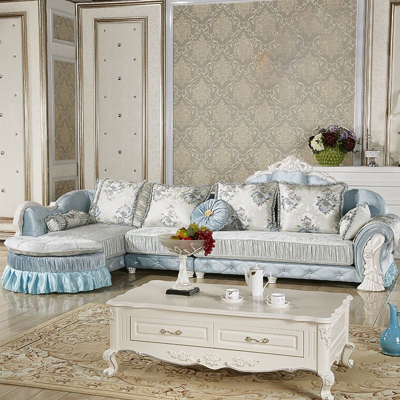 Traditional Wooden 4-Seater Sofa Chaise Flared Arm Sofa with Pillows