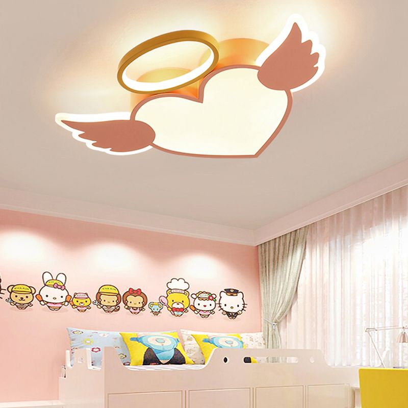 Metal Heart Shaped Flushmount Lamp Cartoon 19.5"/23.5" W LED Blue/Pink Ceiling Lighting with Acrylic Diffuser in Warm/White Light