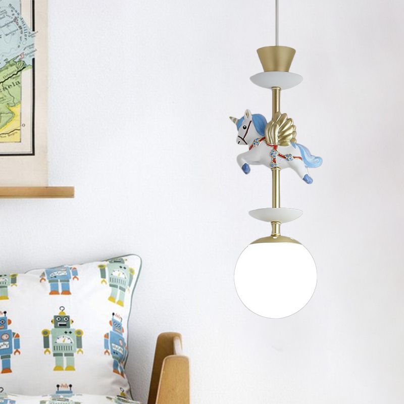 Contemporary 1 Bulb Pedant Lighting Fixture with Opal Glass Shade Pink/Blue Unicorn Hanging Lamp