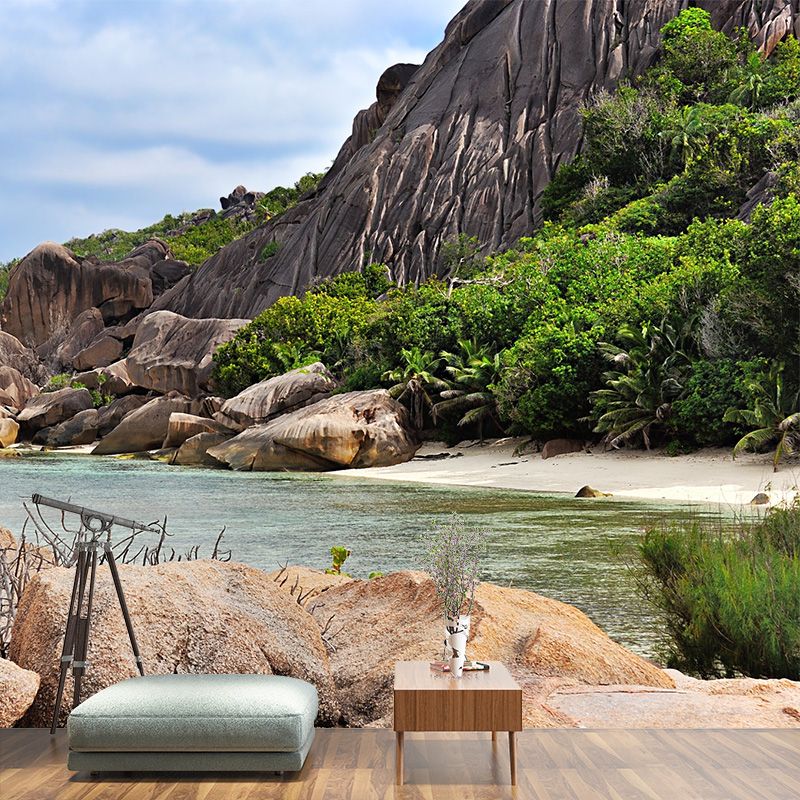 Full-Size Tropical Mural Brown Part of Seashore at the Foot of Mountain Wall Covering, Made to Measure