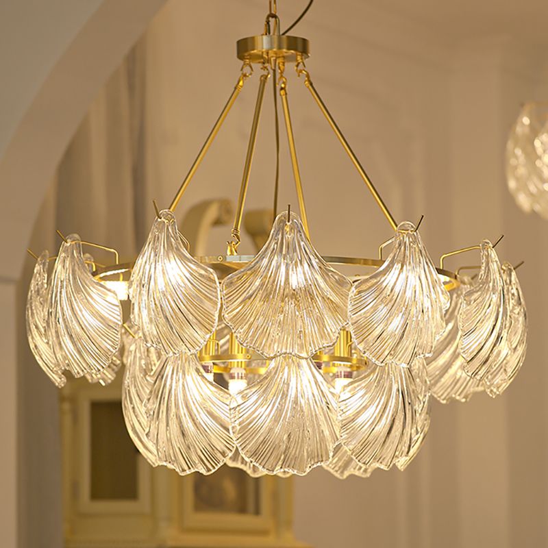 American Shell Chandelier Glass Multi Light Hanging Light in Gold for Bedroom