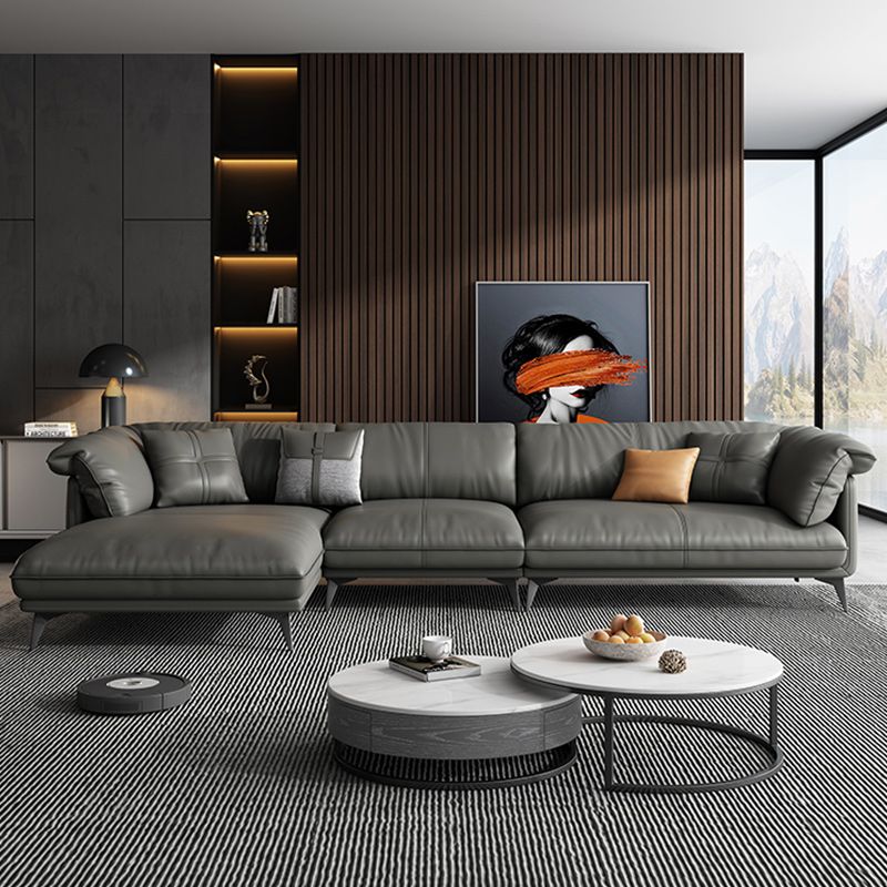 Genuine Leather Sectional Sofa Black Sofa with Removable Cushions