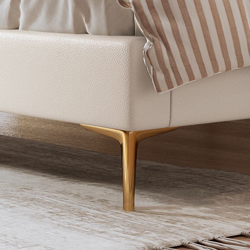 Glam White Upholstered Tufted Bed Frame Genuine Leather Panel Bed