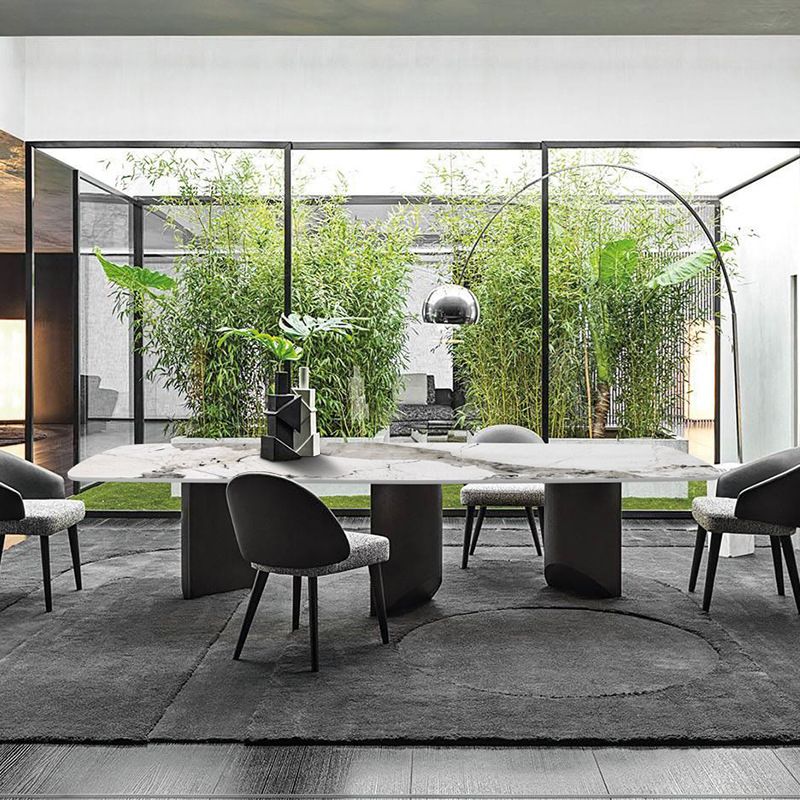 Sintered Stone Top Dining Table Rectangle Table with Grey Metal Base and Double Pedestal