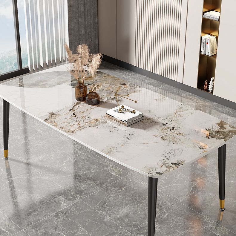 Rectangle Stone Top Dining Table Glam Style Kitchen Dining Table with Black Legs