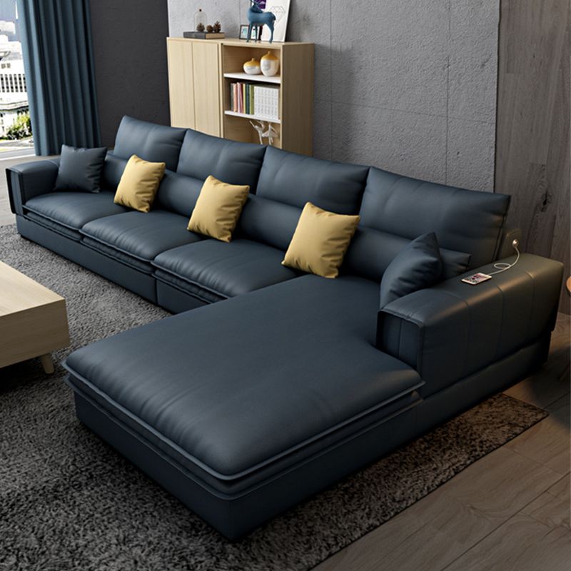 Contemporary Stationary Faux Leather Recessed Arm Pillows Sofa Chaise