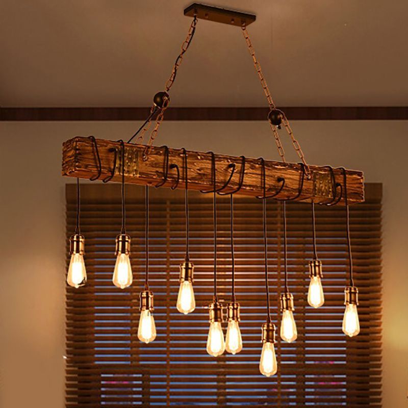 Linear Dining Room Island Lighting with Wooden Beam Lodge Stylish Multi Light Brown Ceiling Light Fixture