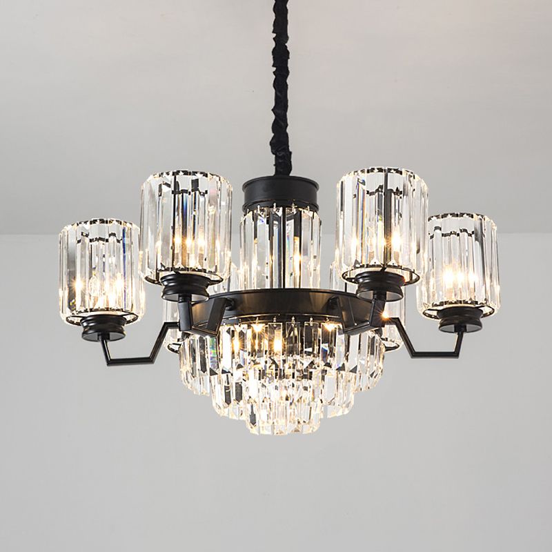 9-Bulb Pendant Chandelier Modern Cylindrical Shade Fluted Clear Glass Rods Ceiling Hang Fixture in Black
