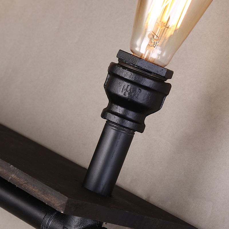 2 Heads Wall Light Retro Water Pipe Shelf Iron Wall Lighting Fixture in Black for Living Room