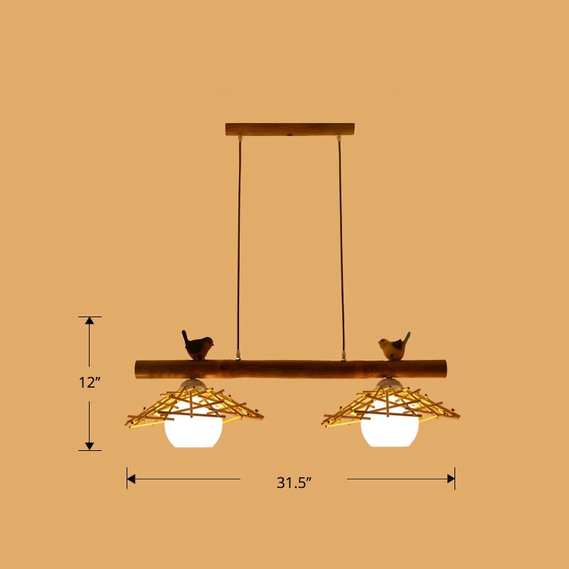Cottage conico Isola Light Bamboo Bamboo Accensione in legno con ombra di vetro bianco cupola