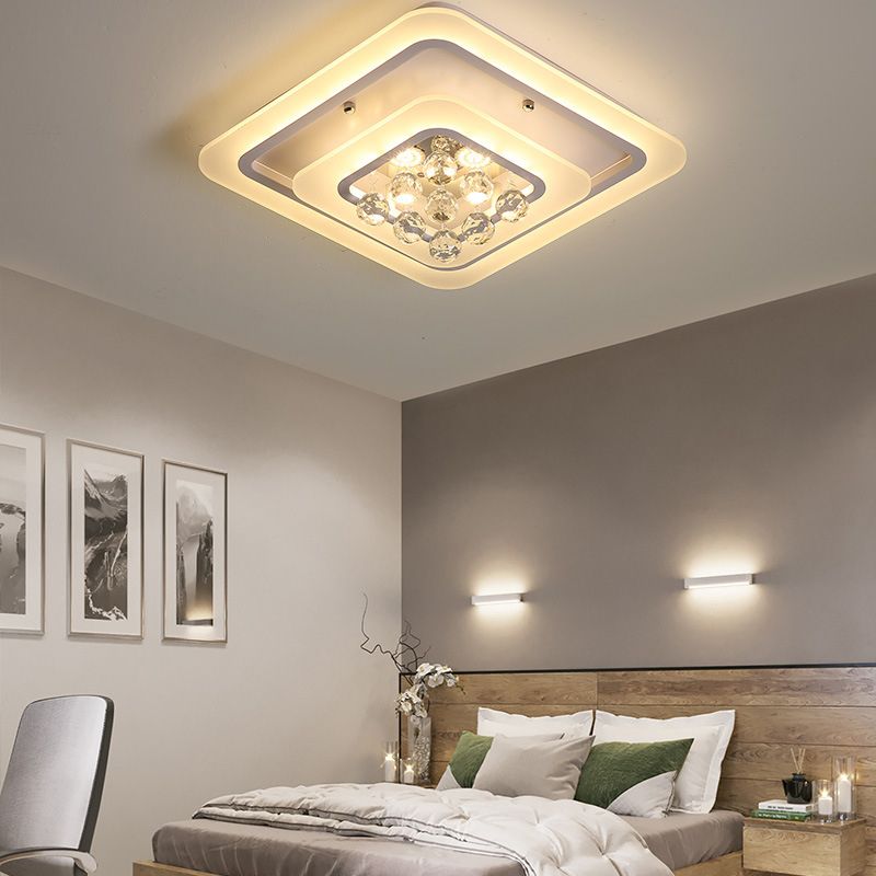 19.5"/23.5"/27.5" W LED Flush Ceiling Light Modern White Square Crystal Flush Mount Lighting, Warm/White Light