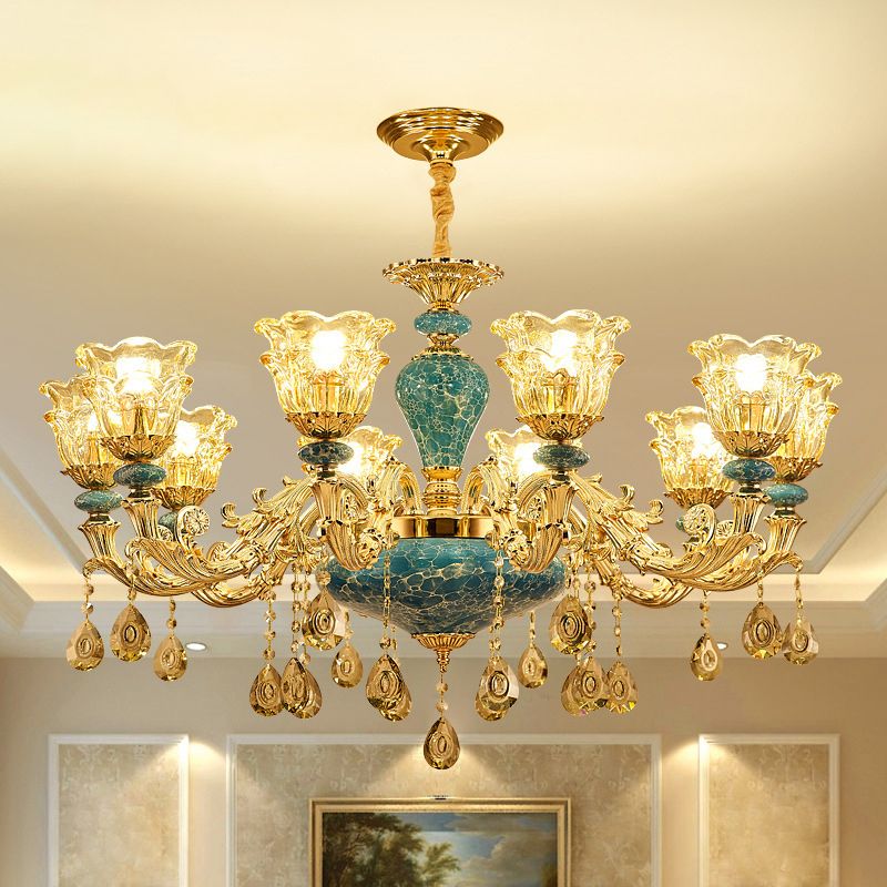 Flared Ruffle Glass Chandelier Pendant Light Vintage Living Room Hanging Light with Hanging Crystal in Gold