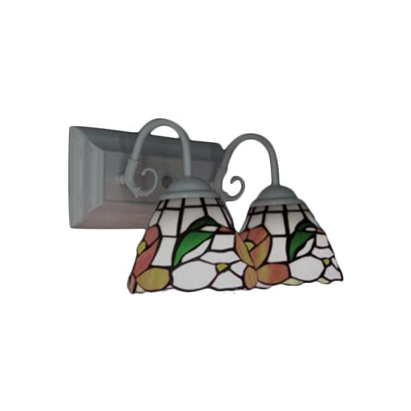 Stained Glass Peony Wall Mount Light Tiffany 2 Heads Orange Sconce Light with Curved Arm