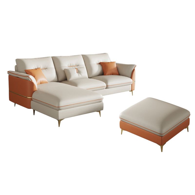 Beige Genuine Leather Pillow Top Arm Sofa/Sectionals With Cushions Metal Legs