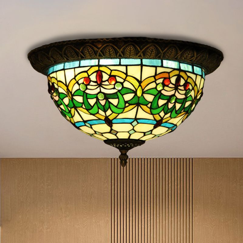 2-Bulb Corridor Flush Light Tiffany Bronze Ceiling Mount Lamp with Ribbon Stained Glass Shade