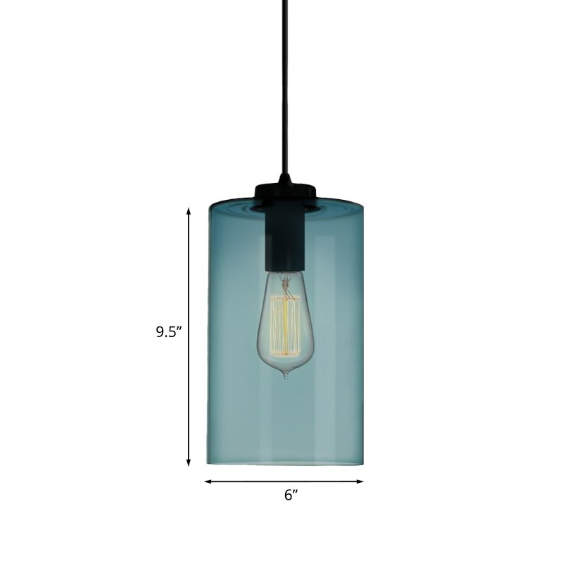 Contemporary 1 Light Pendant Lamp with Blue Glass Shade Black Global/Dome/Barrel Shape Ceiling Pendant Light