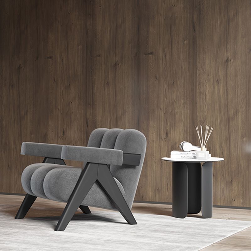 Mid-Modern Century Wood Lounge Chair Sewn Pillow Back Sled Arm Chair in Gray