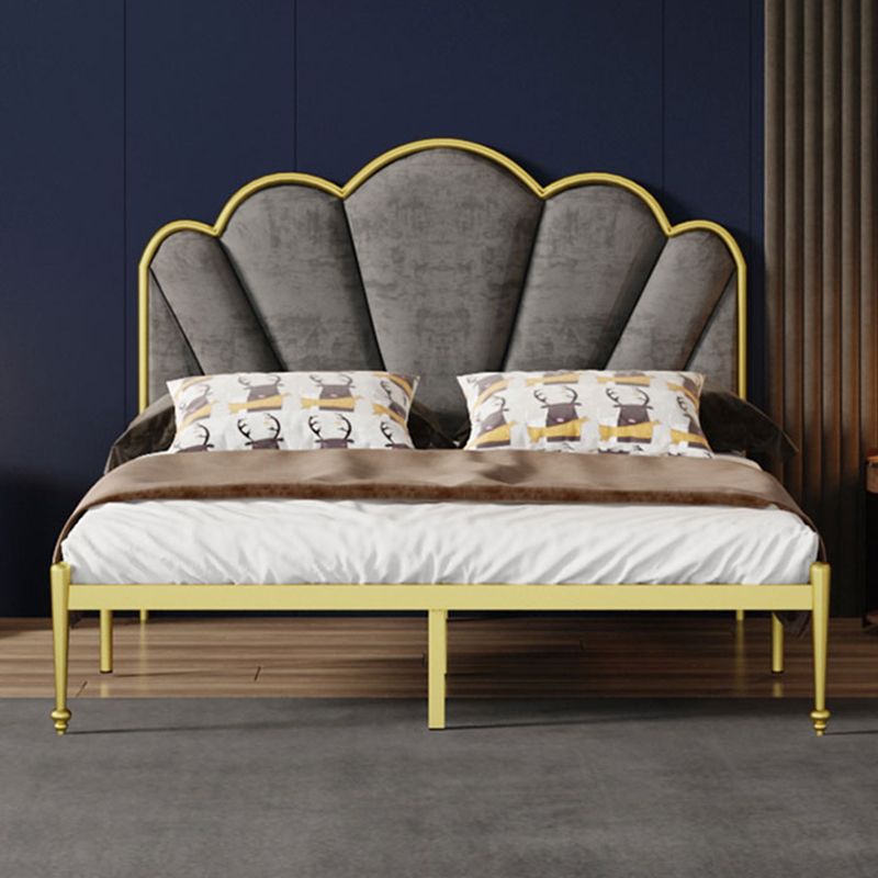 Glam Metal Panel Bed with Fabric Camelback Upholstered Headboard