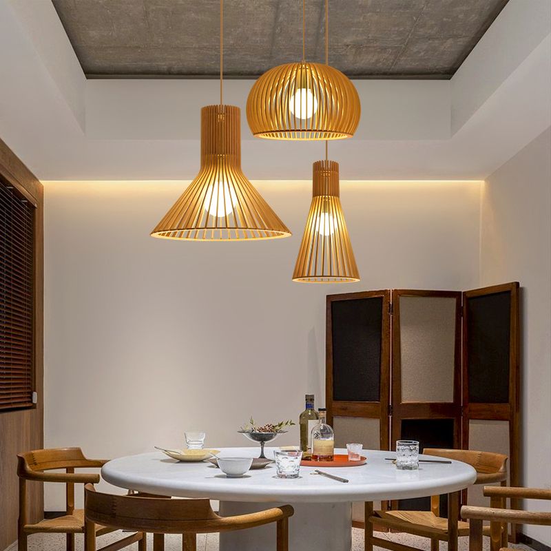 Modern Wood Pendant Lighting Fixture 1-Light Suspension Pendant Light in Natural Wood