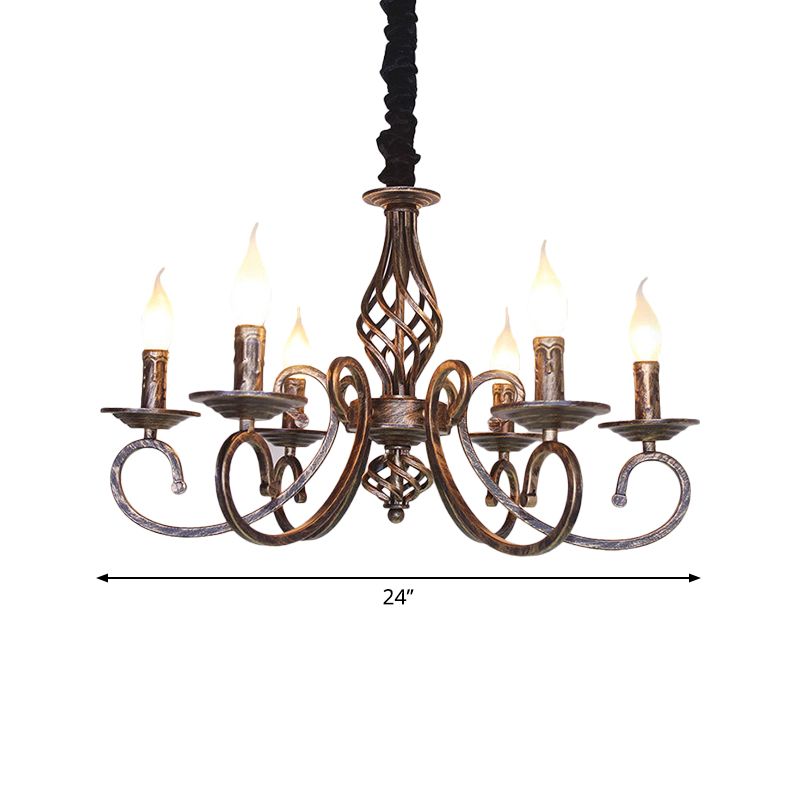 Vintage Stylish Candle Chandelier Lamp 6 Bulbs Wrought Iron Hanging Lighting with Curved Arm in Bronze