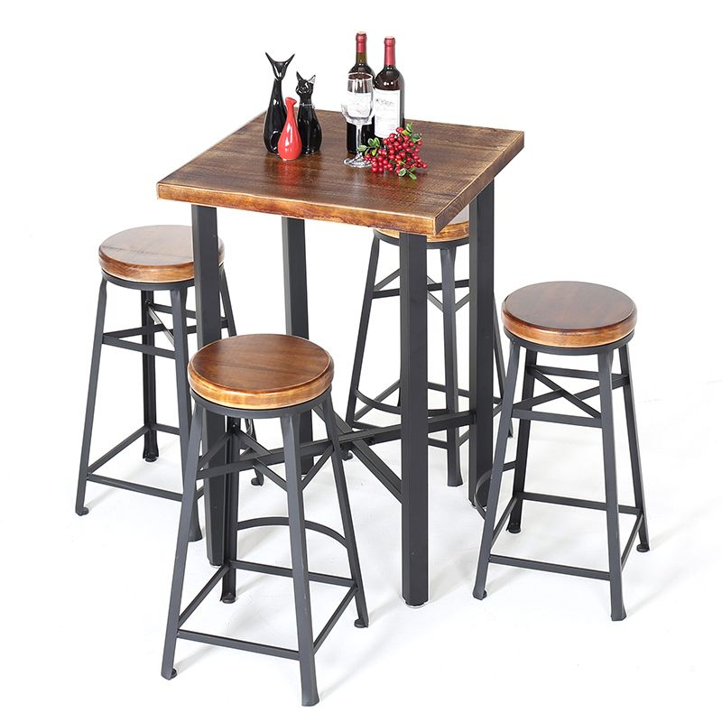 Industrial Style Bar Table Solid Wood Square Bar Dining Table with Footrest