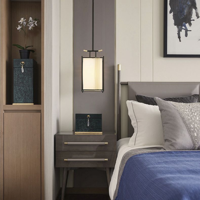 Rectangle Fabric Shade Pendant Hanging Lamp Chinese Style 1 Light Bedroom Hanging Ceiling Light