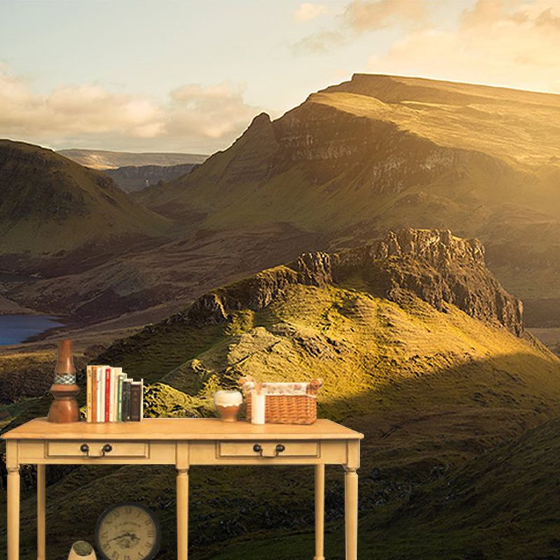 Full Size Backlit Mountain Mural Modern Enchanting Scenery During Sunset Wall Art in Brown