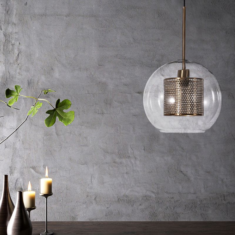 Glass Spherical Pendant Light Fixture Minimalist Hanging Pendant Light in Bronze
