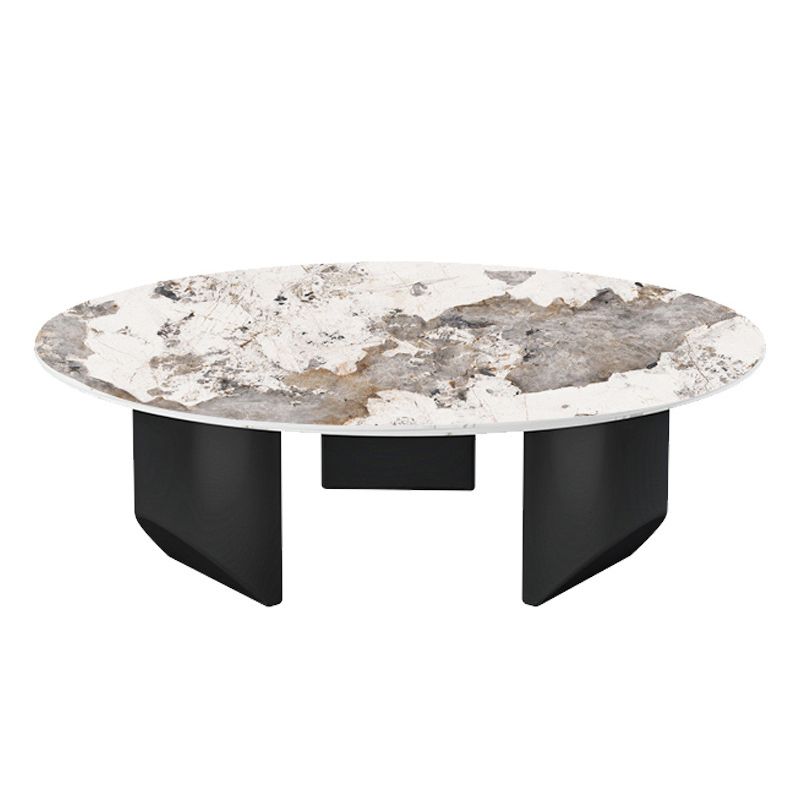 Modern Style Round Coffee Table with Iron Craft Black Base and Rock Slab White Top