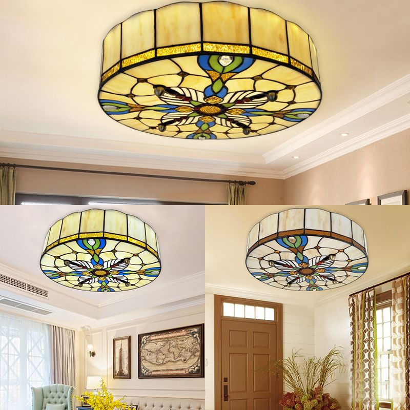 16"/19.5" Wide Drum Flush Ceiling Light Tiffany Lodge Stained Glass Shade Flush Mount Light in Beige for Dining Room