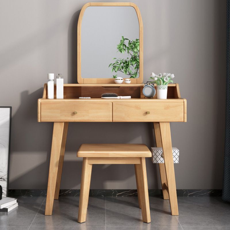 Scandinavian Mirrored Vanity Table and Stool Set with 2 Drawers