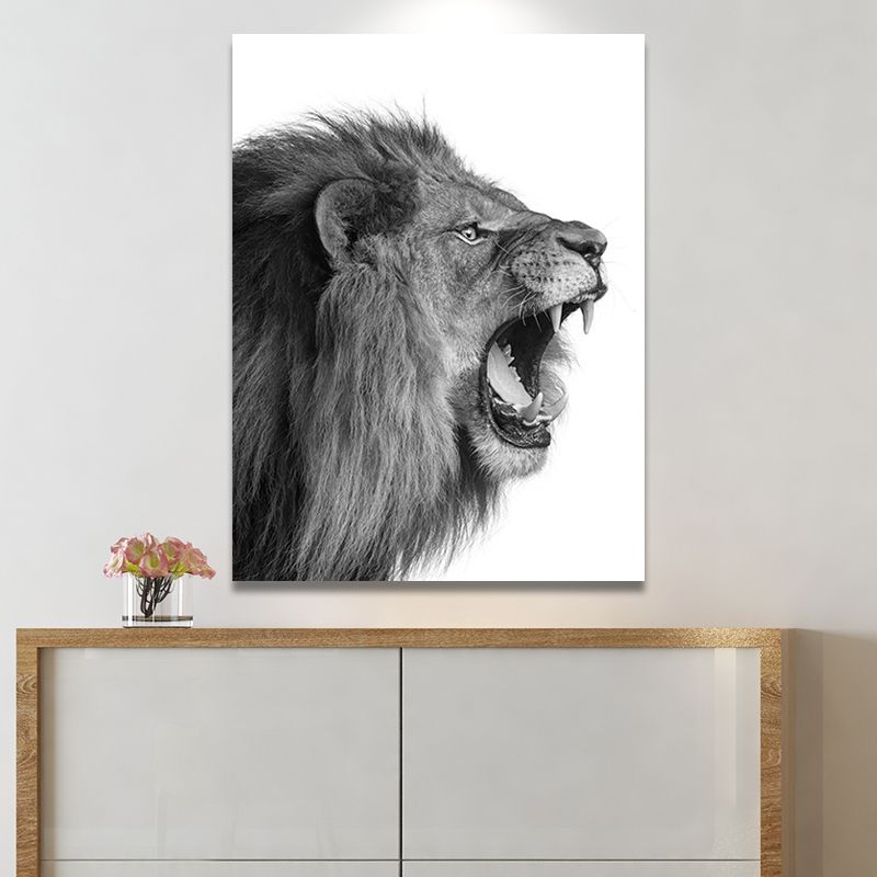 Photography Lion Roaring Canvas Wall Art for House Interior, Grey and White, Textured