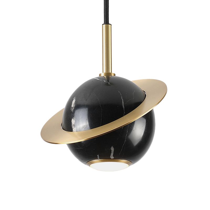 Mini Space Planet Kitchen Pendant Marble 1 Bulb Postmodern Ceiling Suspension Lamp in Green/White/Black-Brass