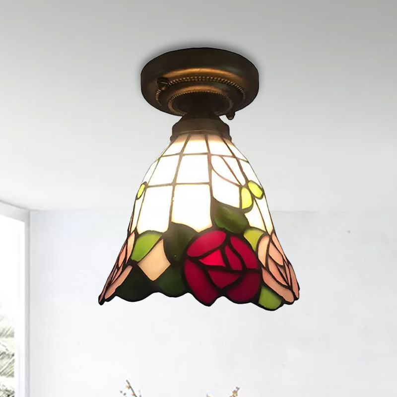 1-Head Flower/Bird/Phoenix Flower/Pink Rose/Red Rose Ceiling Mount Light Tiffany Rustic Stained Glass Ceiling Lamp in Black for Cloth Shop